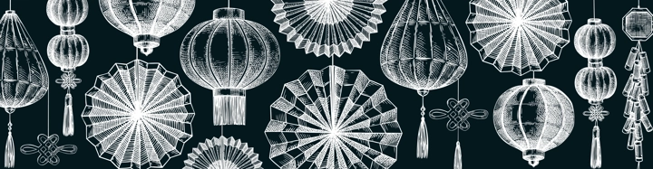 Chinese lantern and folding fan sketch. Lunar New Year decoration on chalkboard. China style website banner vector template. NOT AI generated image